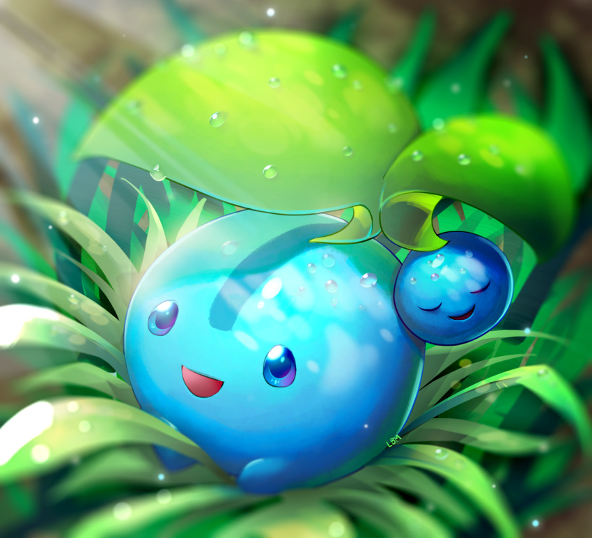 alternate_color, blue_eyes, cherubi, dew_drop, grass, highres, looking_at_viewer, metalmorag