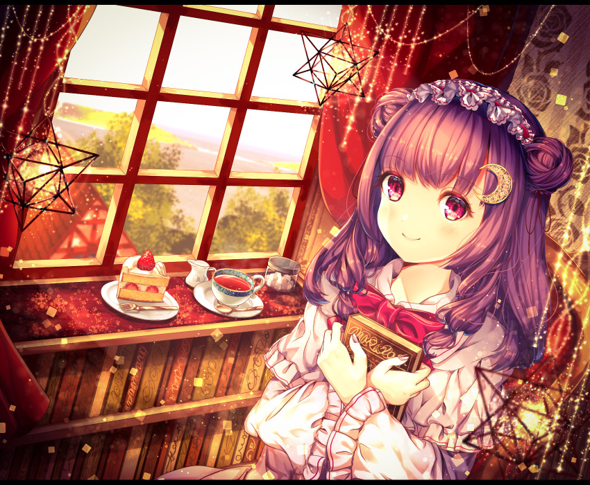 1girl, bangs, book, book_hug, bookshelf, bow, bowtie, capelet