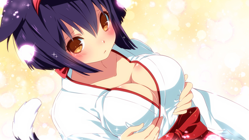 1girl, :/, animal_ears, blush, breast_hold, breast_lift, breasts, brown_eyes