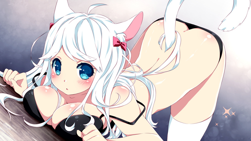 1girl, ahoge, animal_ears, black_bra, black_panties, blue_eyes, blush, bow