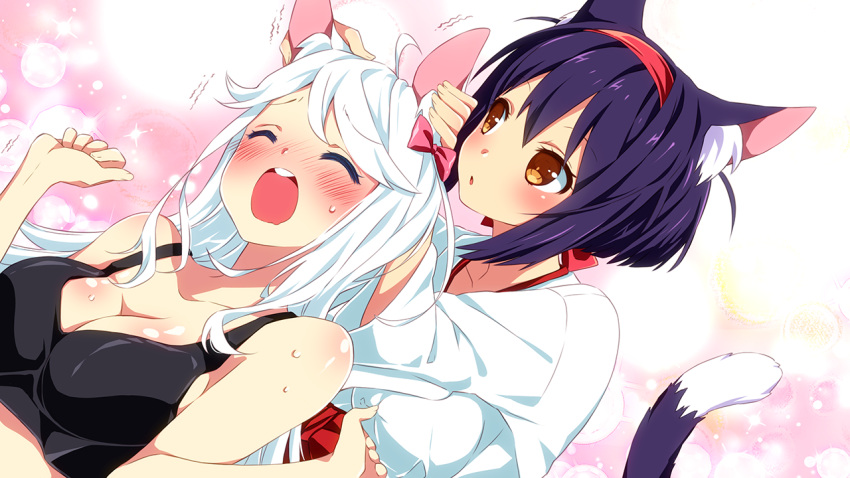 2girls, animal_ears, bare_shoulders, blush, body_blush, bow, breasts, brown_eyes