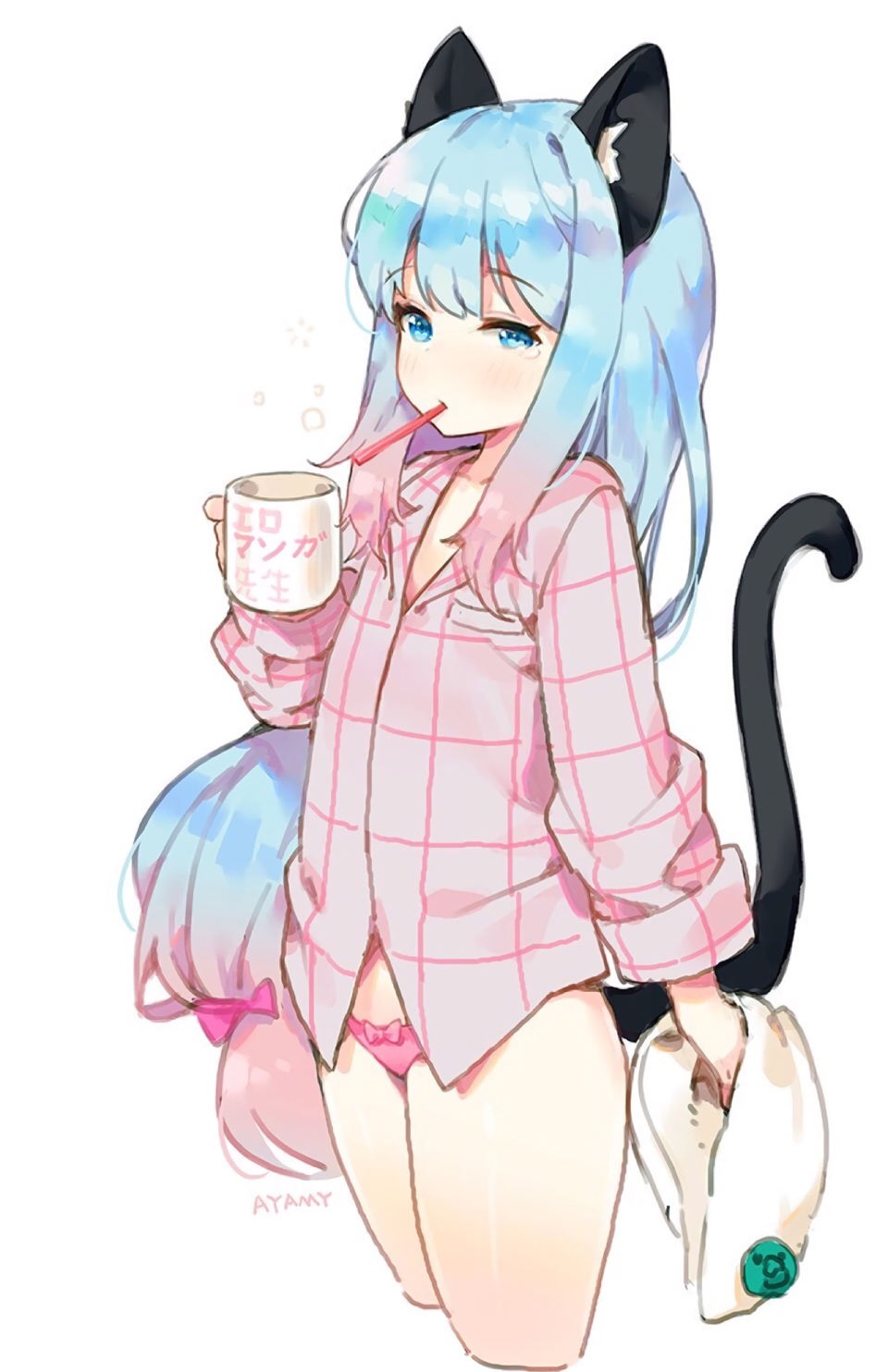 1girl, animal_ears, ayami, blue_eyes, bow, bow_panties, cat_ears, cat_tail