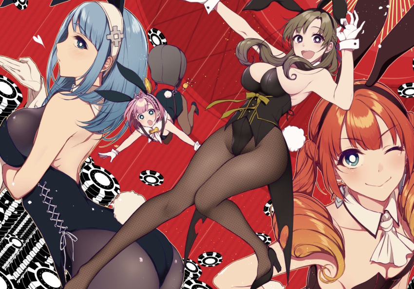 4girls, back, blue_eyes, breasts, bunny_girl, desu, fishnet_pantyhose, fishnets, multiple_girls, oosuki_mamako, pantyhose, pochi_(pochi-goya), poker_chip, red_background, sideboob, tsuujou_kougeki_ga_zentai_kougeki_de_ni-kai_kougeki_no_okaasan_wa_suki_desu_ka?, twintails, violet_eyes