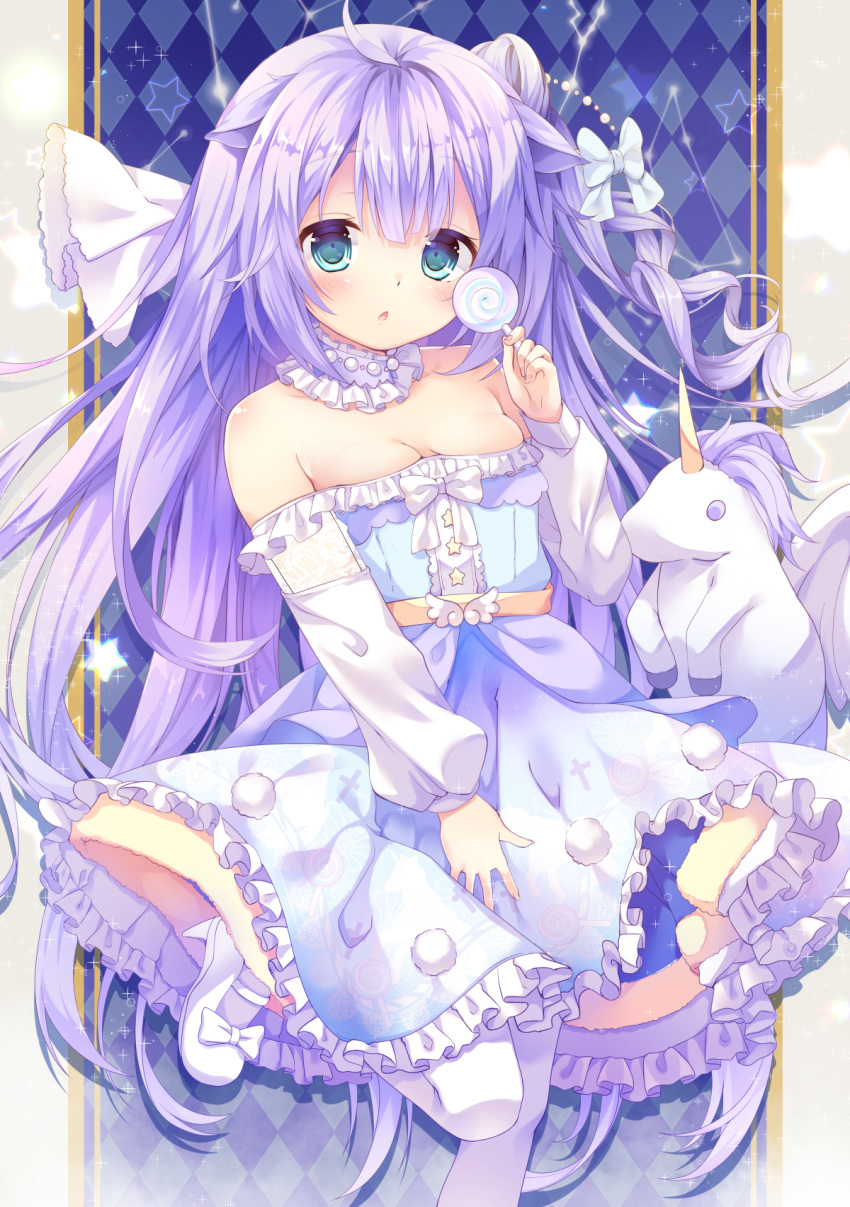 1girl, ahoge, aqua_eyes, azur_lane, bare_shoulders, blue_dress, bow, breasts