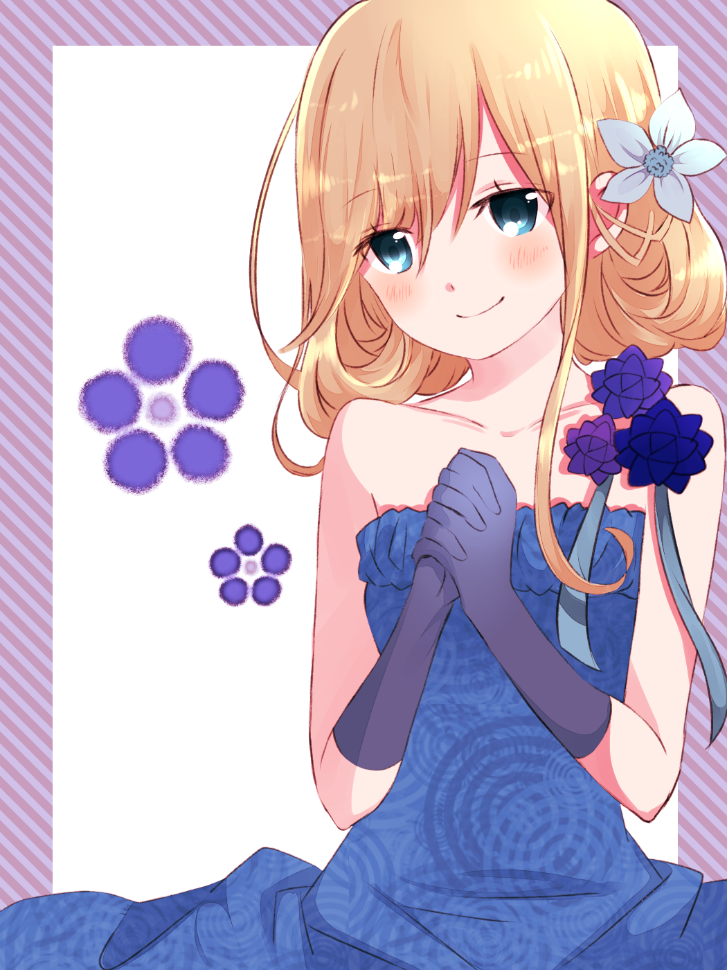 1girl, bangs, bare_shoulders, black_gloves, blonde_hair, blue_dress, blue_eyes, blue_flower