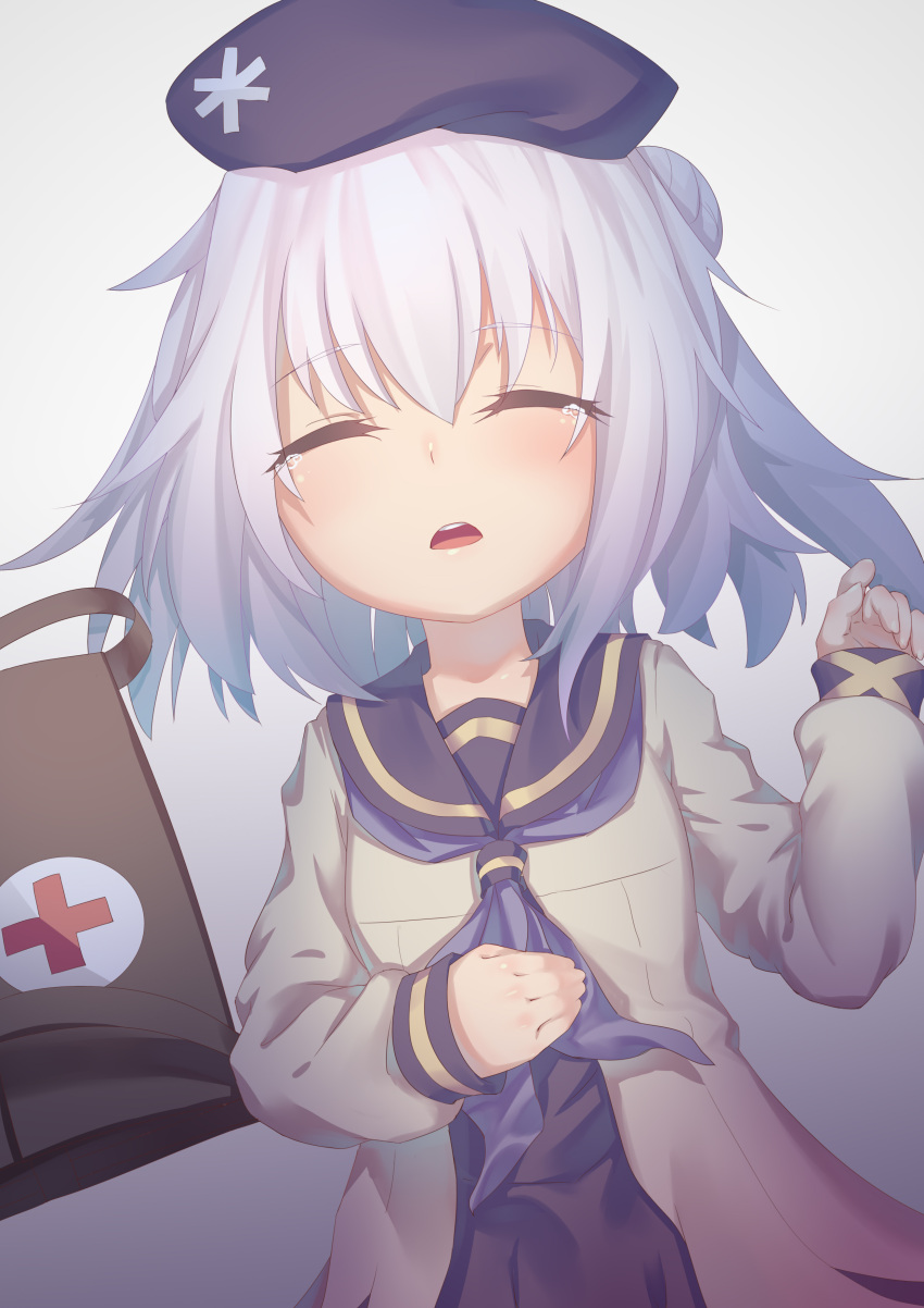 1girl, absurdres, bangs, beige_dress, beret, black_hat, blush, closed_eyes