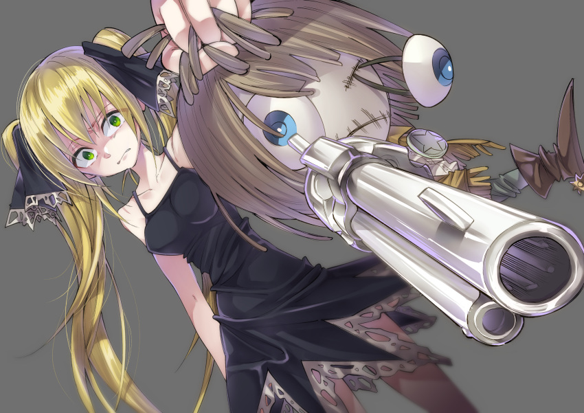 1girl, arm_at_side, bangs, bare_arms, bare_shoulders, black_dress, black_ribbon, blonde_hair