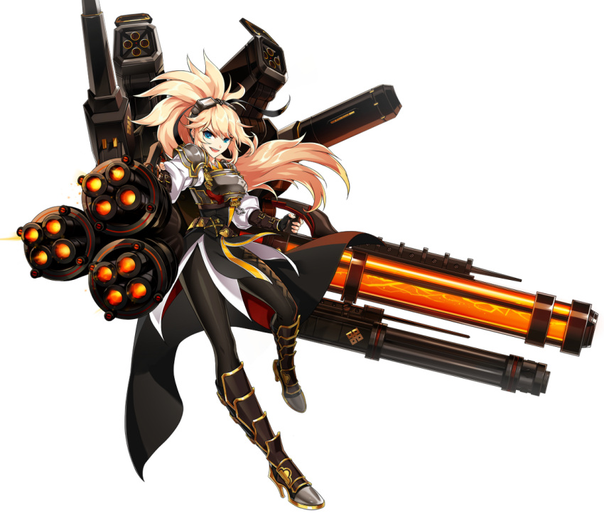 1girl, :d, armor, artist_request, black_footwear, black_gloves, black_legwear, blonde_hair