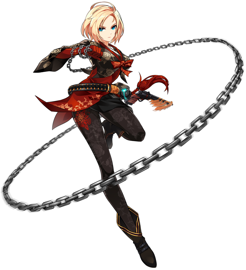 1girl, artist_request, black_footwear, black_legwear, blonde_hair, blue_eyes, bow, chains, crimson_rose_(elsword), elsword, floral_print, full_body, gloves, gun, looking_at_viewer, official_art, pantyhose, print_legwear, red_bow, red_gloves, red_shirt, rose_(elsword), serious, shirt, shoes, short_hair, solo, standing, standing_on_one_leg, tassel, weapon