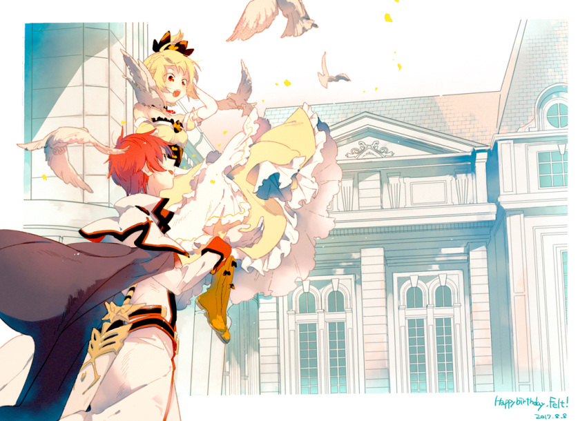 1boy, 1girl, bird, blonde_hair, blue_eyes, boots, bow, cape