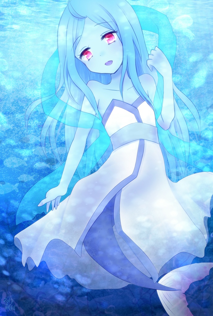 1boy, :d, bare_shoulders, blue_hair, blue_skin, dress, fish, fish_tail