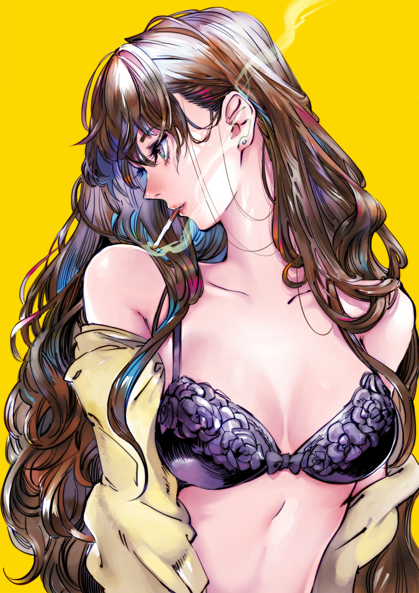 1girl, black_bra, bra, breasts, brown_hair, cigarette, collarbone, earrings, highres, ichinose_shiki, idolmaster, idolmaster_cinderella_girls, jewelry, long_hair, looking_away, medium_breasts, mouth_hold, open_clothes, open_shirt, otimusyairoha, parted_lips, shirt, smoking, solo, underwear, very_long_hair, yellow_background, yellow_shirt