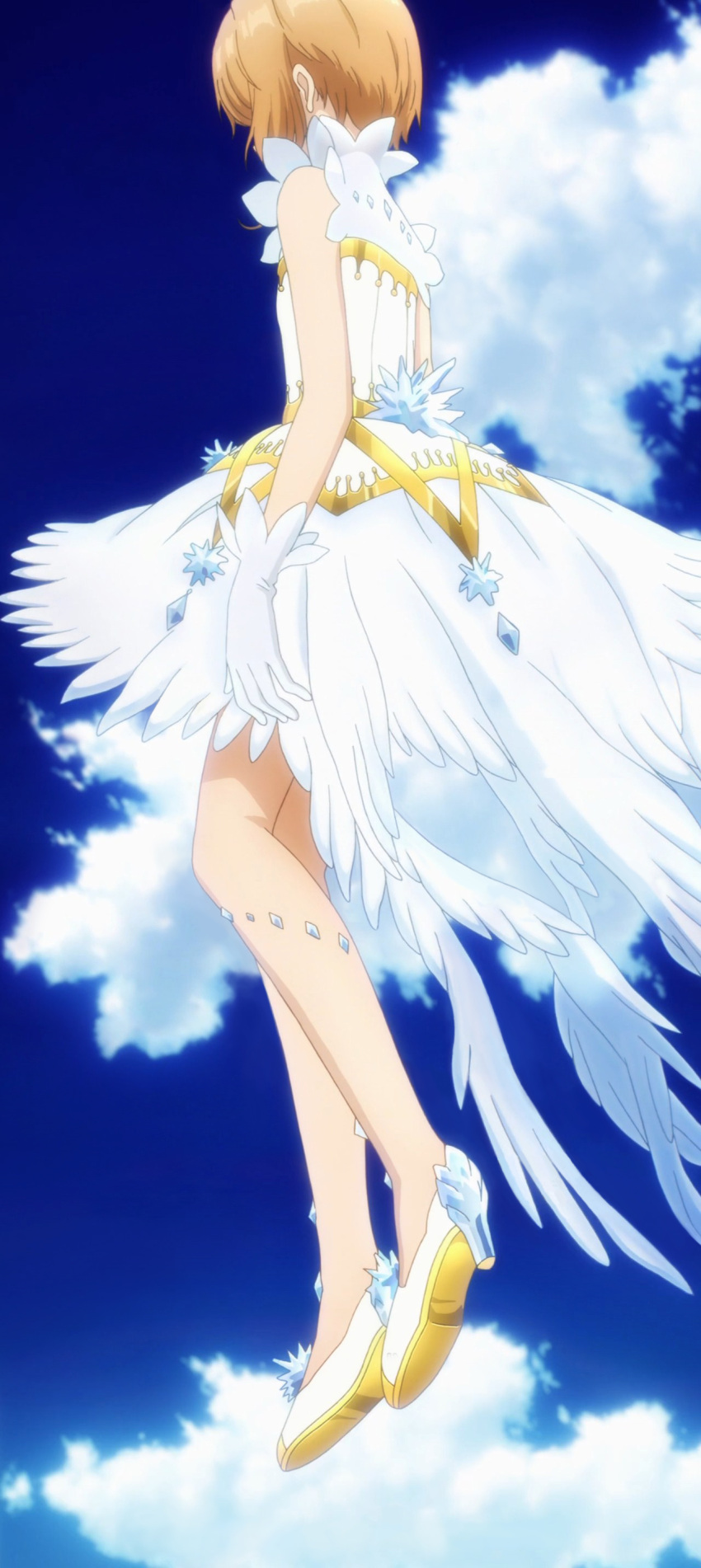 1girl, absurdres, antenna_hair, back, body_jewelry, brown_hair, card_captor_sakura, clouds