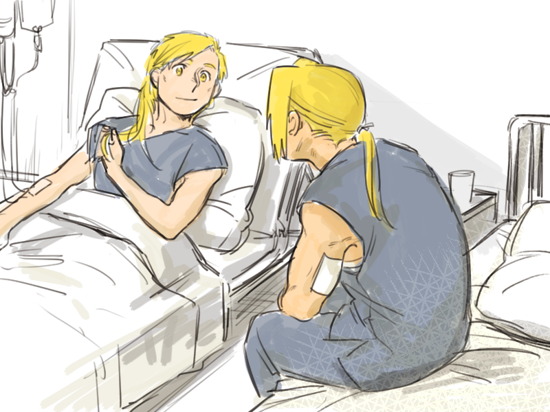 2boys, alphonse_elric, bandage, bed, bed_sheet, blonde_hair, brothers, edward_elric, fullmetal_alchemist, glass, grey_shirt, long_hair, looking_at_another, lying, male_focus, multiple_boys, nore_(boosuke), pillow, ponytail, shirt, siblings, sitting, smile, yellow_eyes