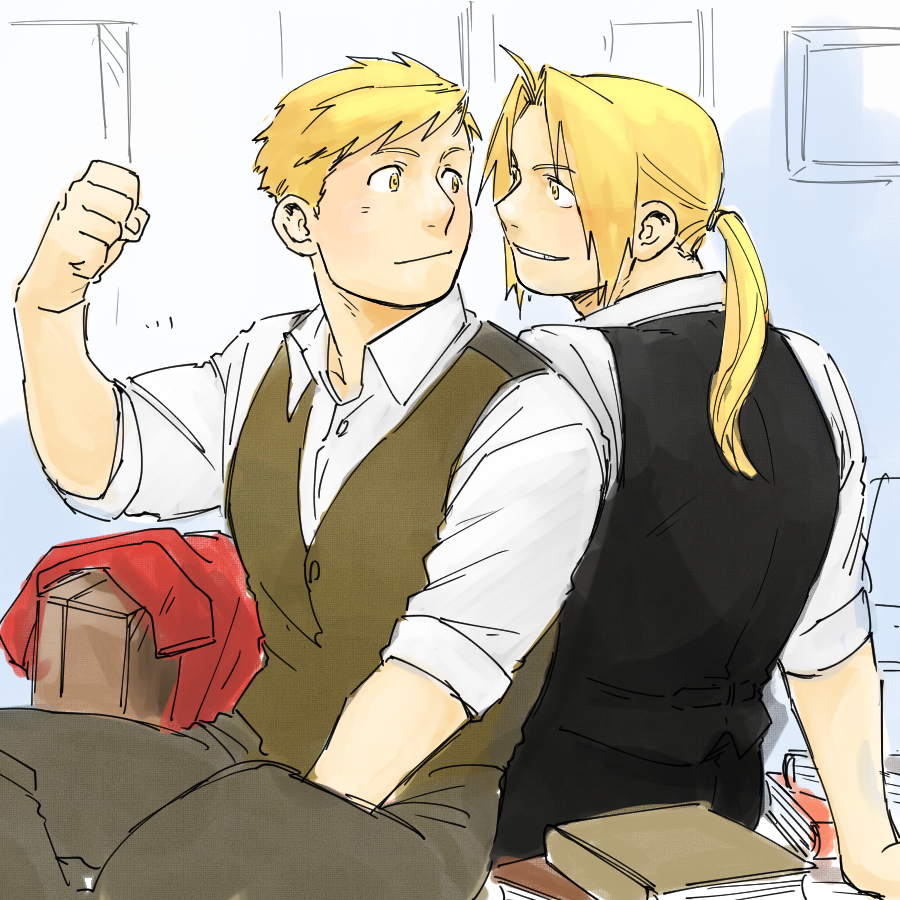 2boys, alphonse_elric, back-to-back, blonde_hair, book, brothers, clenched_hand, coat, edward_elric, eyebrows_visible_through_hair, formal, fullmetal_alchemist, long_hair, long_sleeves, looking_at_another, male_focus, multiple_boys, nore_(boosuke), ponytail, shirt, short_hair, siblings, smile, waistcoat, white_shirt, yellow_eyes