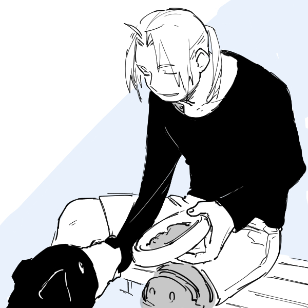 1boy, animal, black_shirt, closed_eyes, den_(fma), dog, edward_elric, eyebrows_visible_through_hair