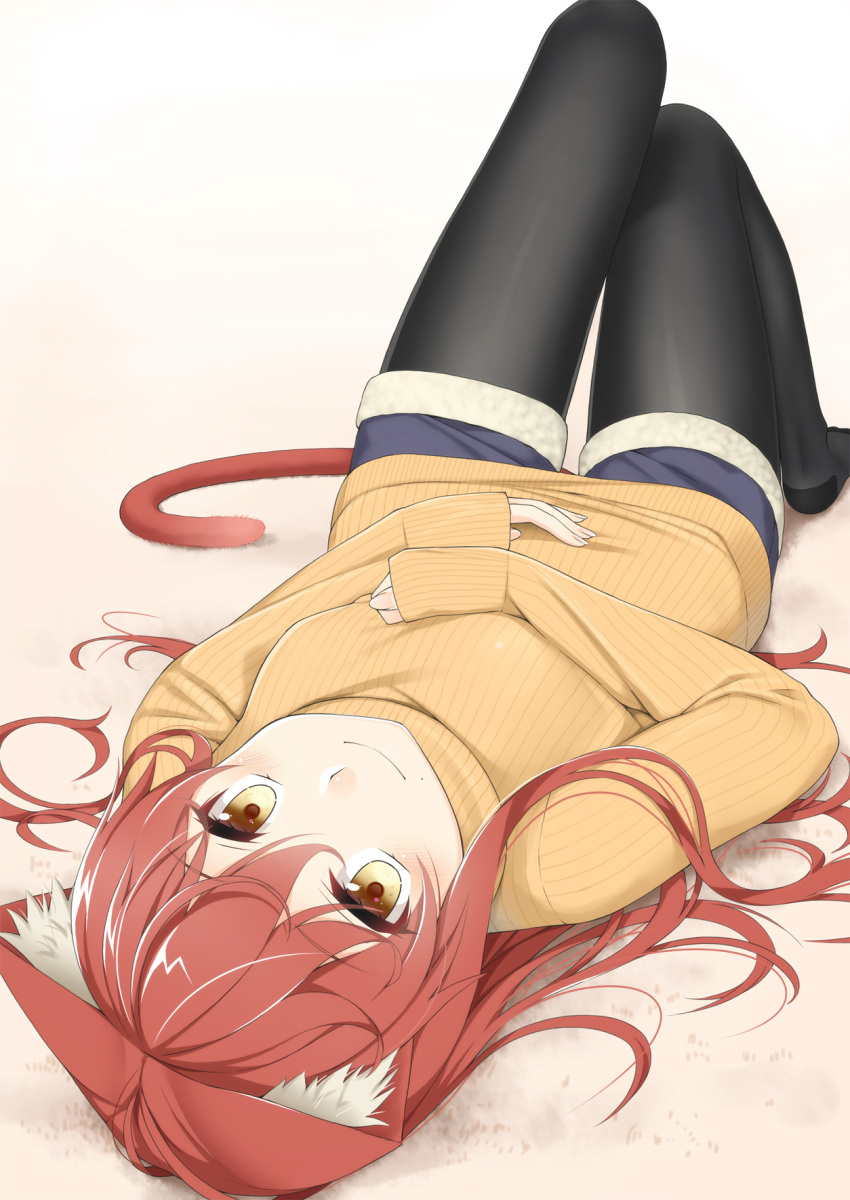 1girl, animal_ears, bangs, black_legwear, blue_shorts, blush, brown_eyes, brown_sweater