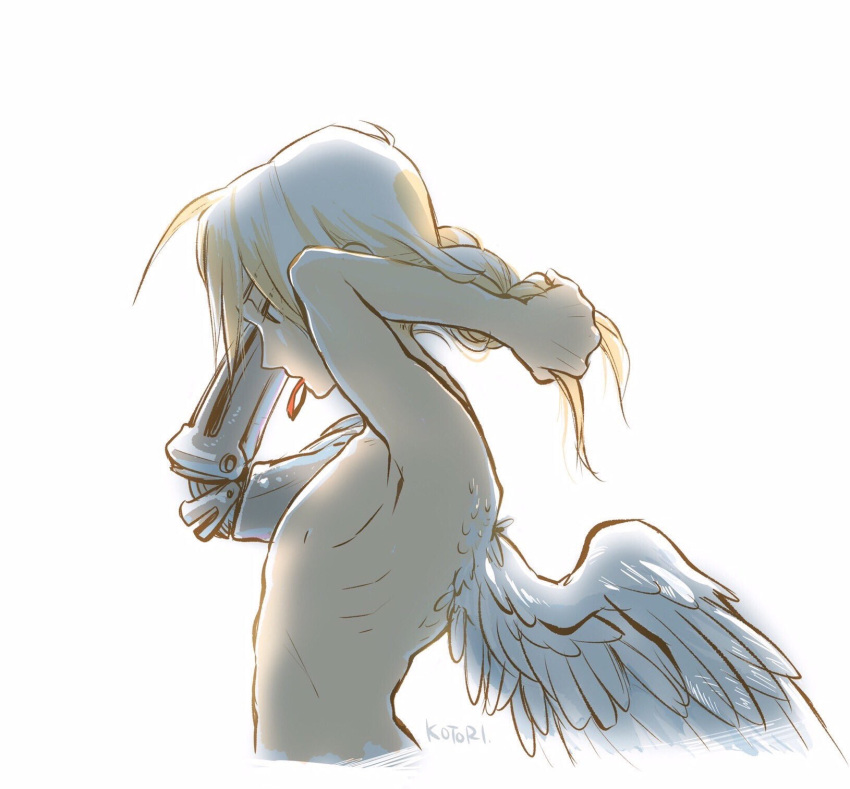 1boy, angel_wings, anna_kotori, arms_up, artist_name, automail, bare_back, bare_chest, blonde_hair, braiding_hair, edward_elric, expressionless, fullmetal_alchemist, hairdressing, highres, long_hair, looking_away, male_focus, simple_background, white_background, wings