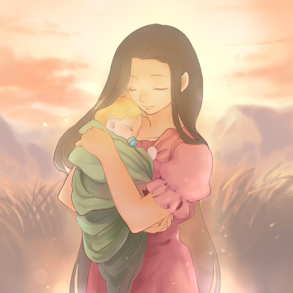 1boy, 1girl, alphonse_elric, baby, blanket, blonde_hair, brown_hair, carrying, clenched_hand, closed_eyes, dress, fullmetal_alchemist, grass, hase_(nafela), long_hair, mother_and_son, pink_dress, short_hair, simple_background, sky, sleeping, smile, trisha_elric, very_long_hair