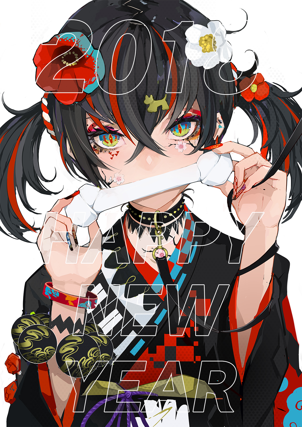 1girl, 2018, bangs, black_hair, black_kimono, bone, collar, commentary_request