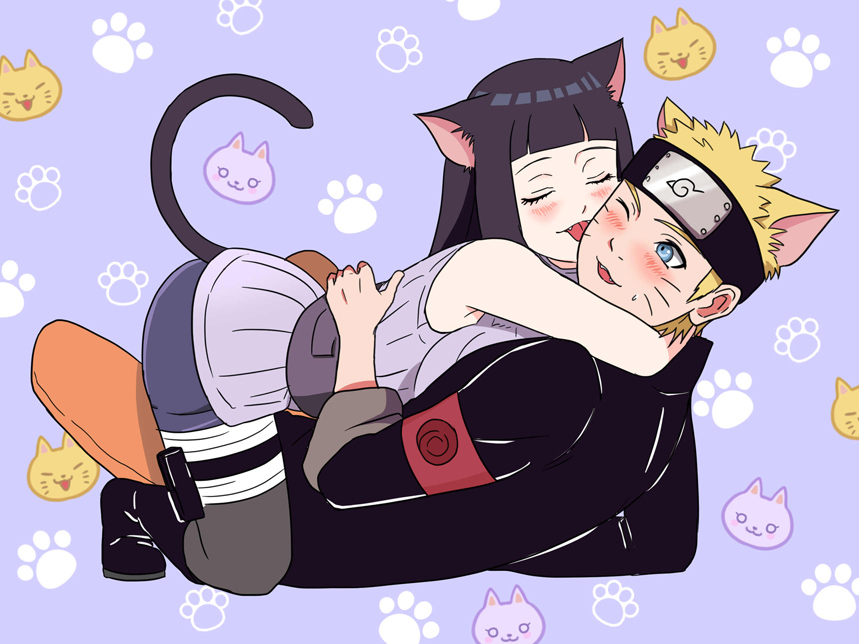 1boy, 1girl, :p, animal_ears, blush, cat_ears, cat_tail, fangs, forehead_protector, hetero, hug, husband_and_wife, hyuuga_hinata, manjimaru_369, naruto, naruto:_the_last, one_eye_closed, paw_print, smile, tail, tongue, tongue_out, uzumaki_naruto