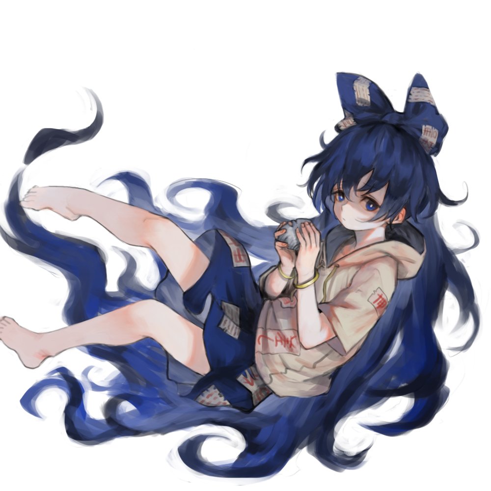1girl, bare_legs, barefoot, blue_bow, blue_eyes, blue_hair, blue_skirt, bow