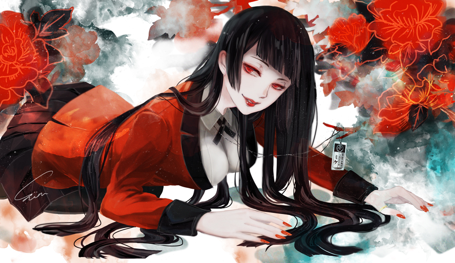 1girl, black_hair, black_skirt, crawling, flower, jabami_yumeko, jewelry, kakegurui