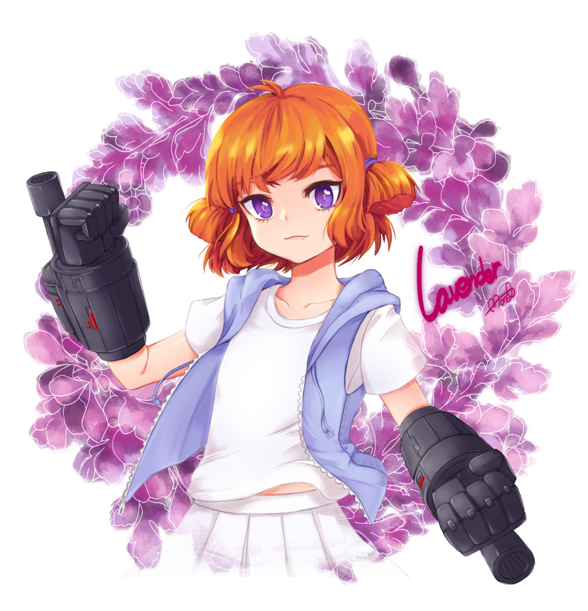 1girl, arm_cannon, artist_name, blue_jacket, character_name, fang, flower, gauntlets