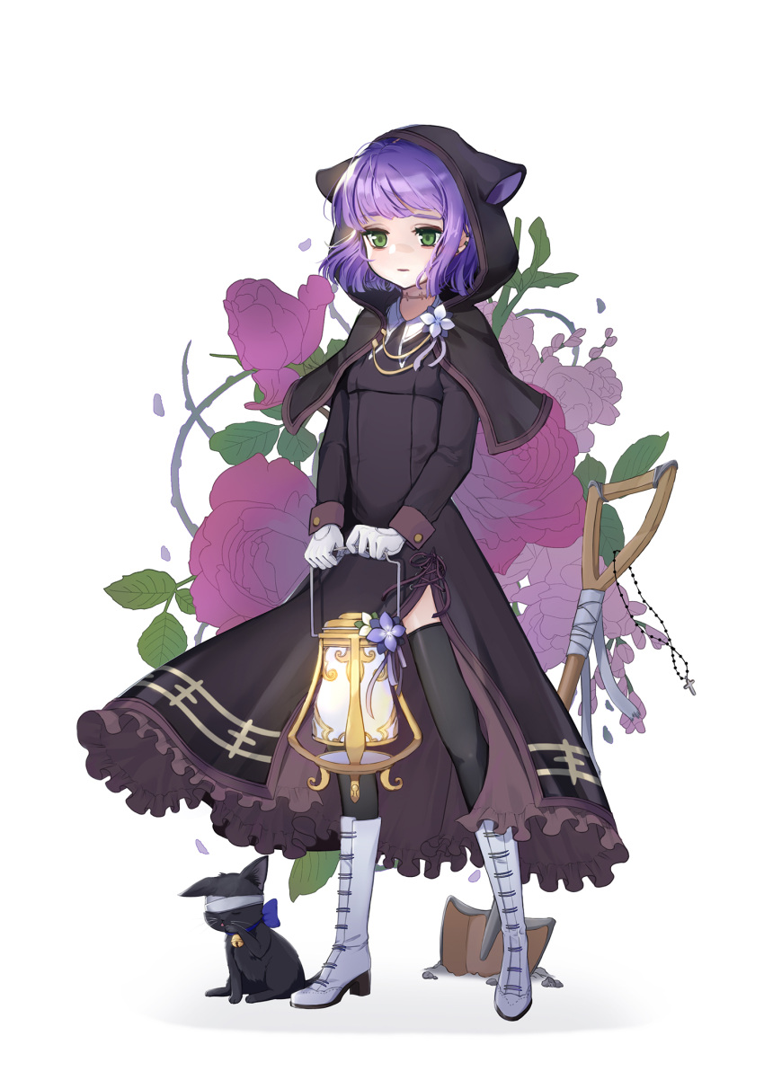 1girl, animal_hood, bandage, bell, black_cat, black_dress, black_legwear, boots
