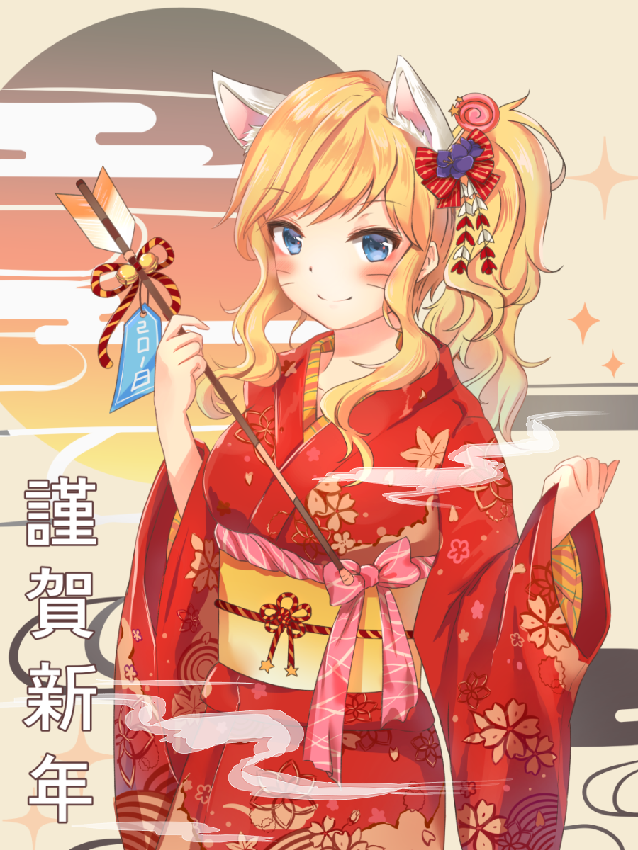 1girl, 2018, animal_ears, arrow, bangs, bell, blonde_hair, blue_eyes