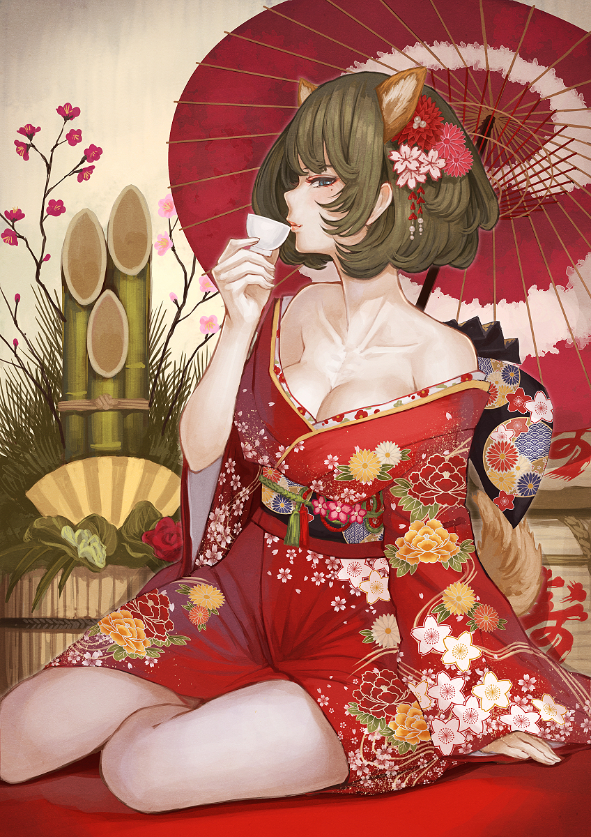 1girl, animal_ears, bare_shoulders, blue_eyes, breasts, brown_hair, cleavage, cup