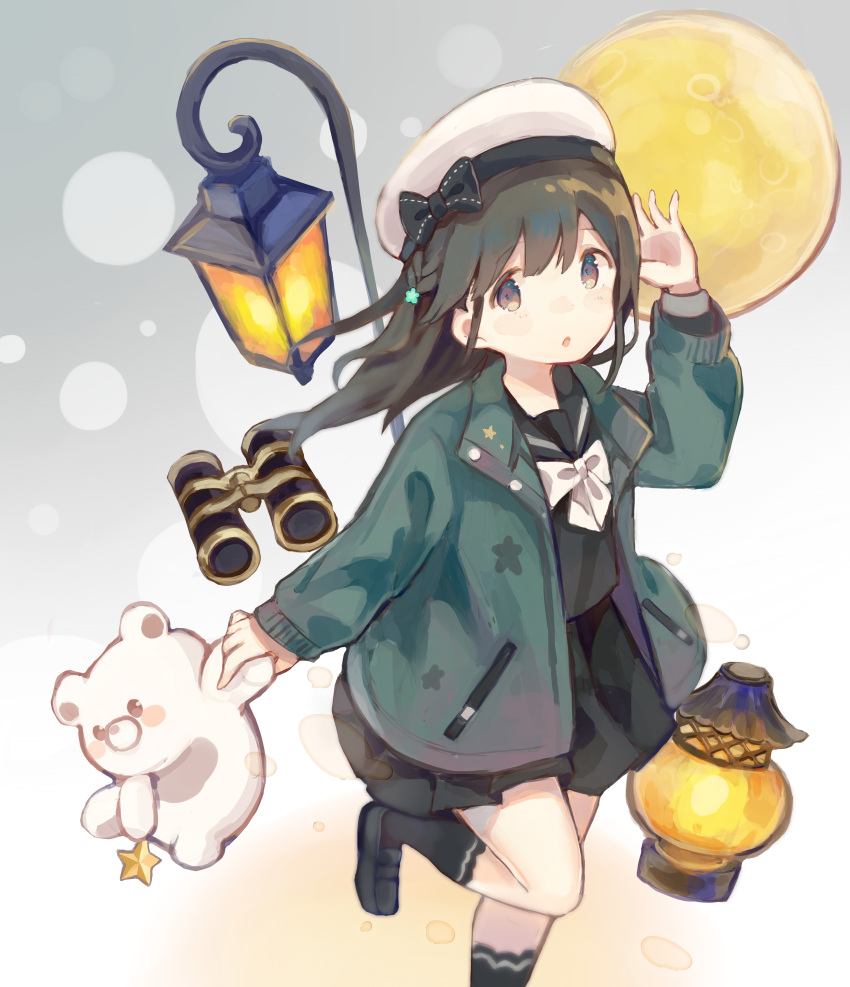 1girl, :o, absurdres, arm_up, bangs, beret, binoculars, black_bow