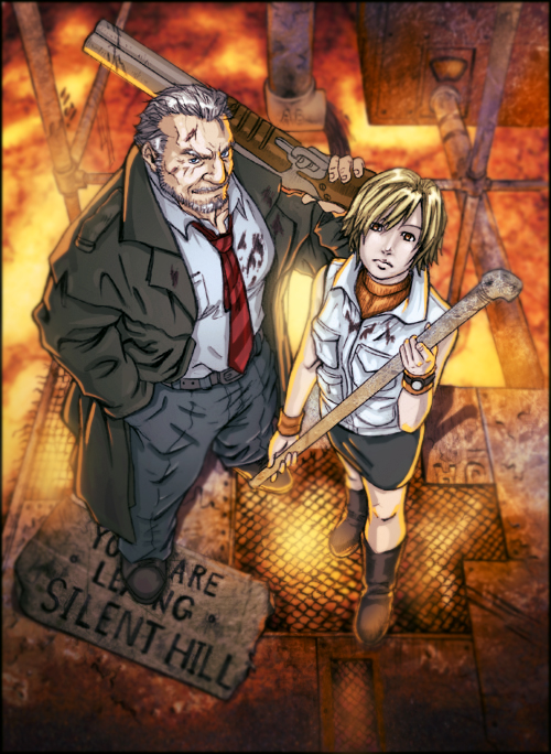 1boy, 1girl, blonde_hair, breasts, douglas_cartland, heather_mason, jacket, miniskirt, short_hair, silent_hill, silent_hill_3, skirt, sleeveless, sleeveless_turtleneck, smile, turtleneck, vest, watch, wristband