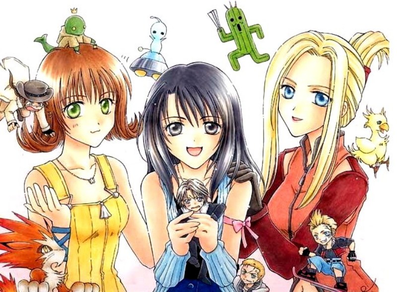 3girls, black_hair, blonde_hair, breasts, chibi, chocobo, final_fantasy, final_fantasy_viii