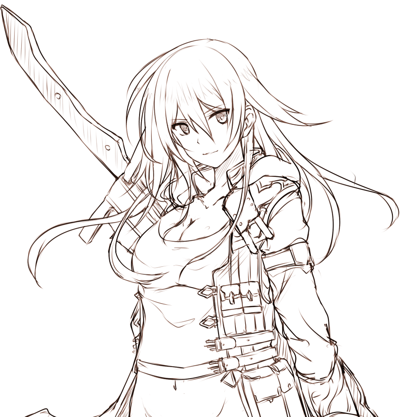 1girl, achillea_(flower_knight_girl), breasts, cleavage, flower_knight_girl, kida_kuro_mu, long_hair, looking_at_viewer, monochrome, simple_background, solo, weapon, white_background