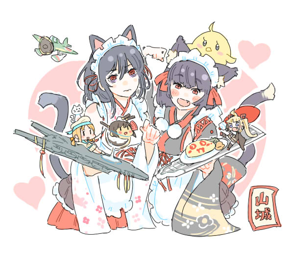 2girls, :d, animal_ears, azur_lane, black_hair, cat_ears, cat_tail, character_name