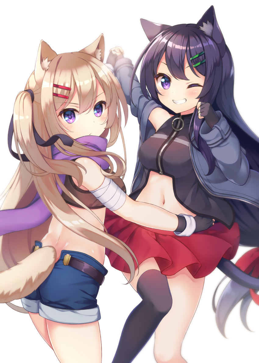 2girls, animal_ears, bandage, bandaged_arm, black_hair, blonde_hair, breasts, cat_ears