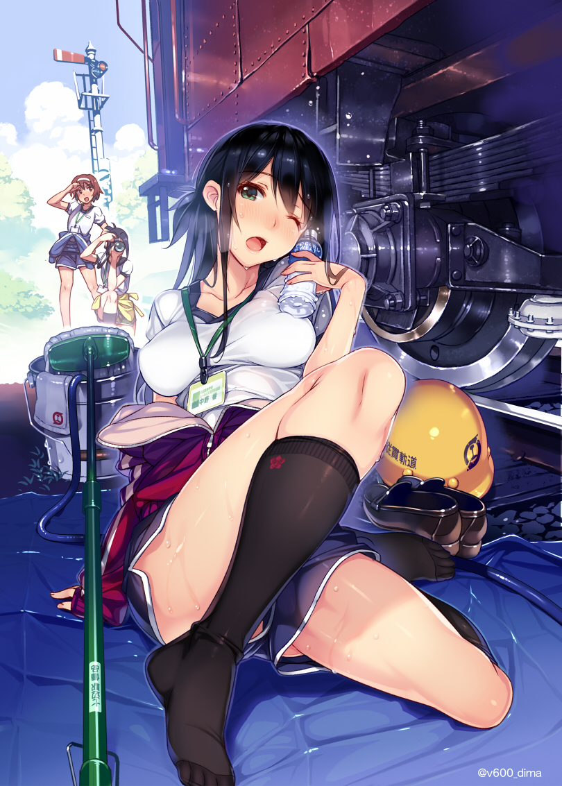 3girls, ;o, arm_support, arm_up, artist_name, bangs, black_hair, black_legwear