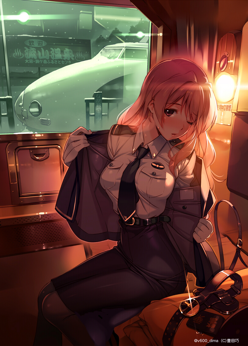 1girl, bangs, belt, belt_buckle, between_breasts, black_belt, black_legwear, blush