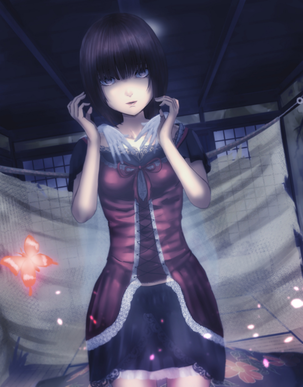 1girl, abandoned, amakura_mayu, black_hair, breasts, brown_eyes, butterfly, candle