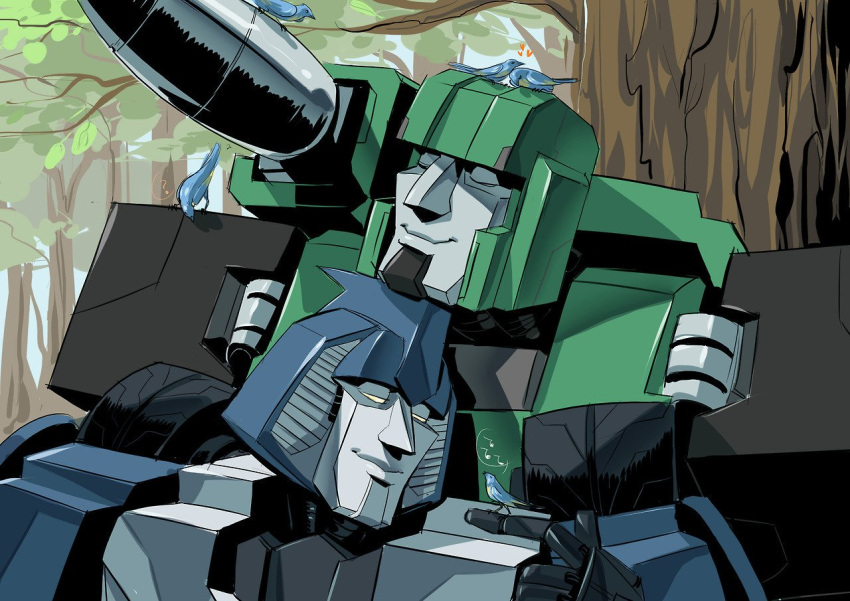 2boys, 80s, animal, autobot, bird, bird_on_hand, cannon, closed_eyes
