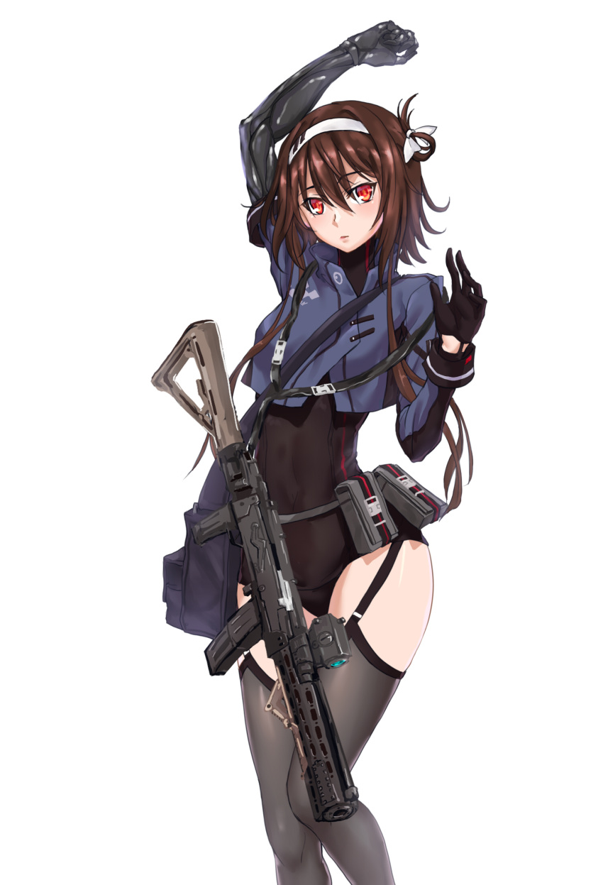 1girl, android, blush, brown_hair, garter_straps, girls_frontline, gloves, gun