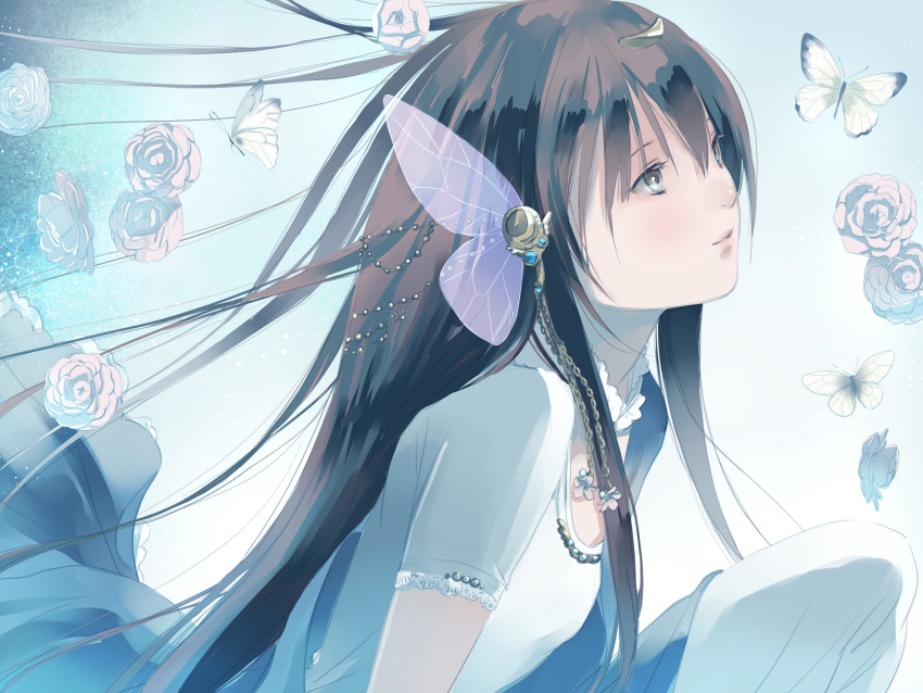 1boy, black_hair, butterfly, dress, flower, fuuchouin_kazuki, getbackers, grey_eyes