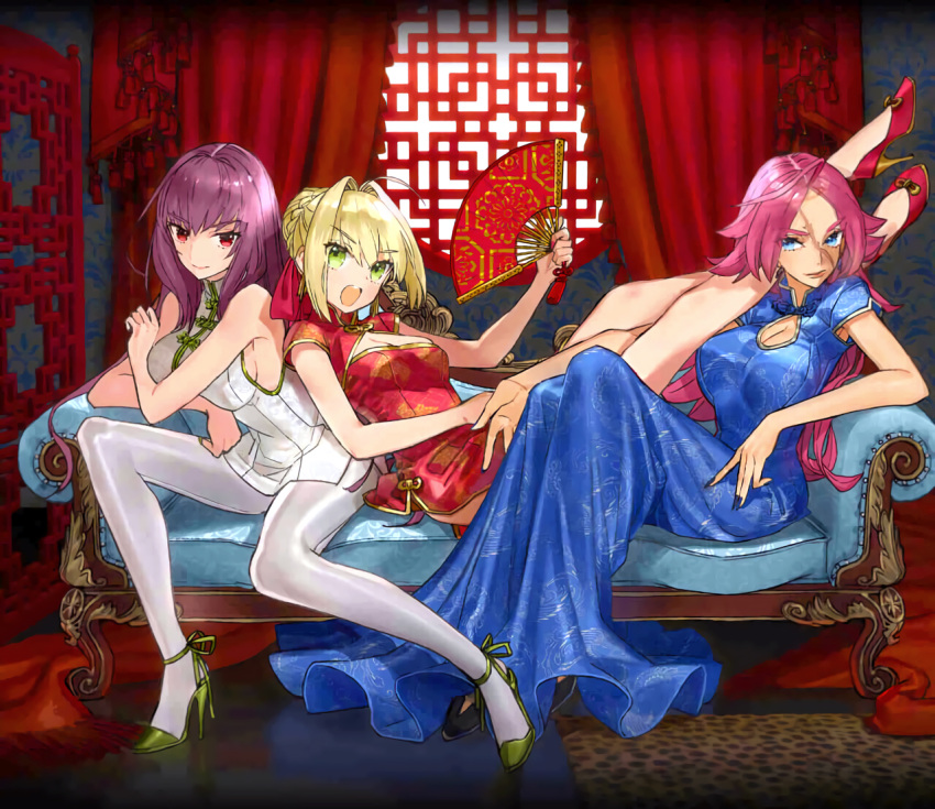 3girls, :o, ahoge, bangs, bare_legs, blonde_hair, blue_dress, blue_eyes