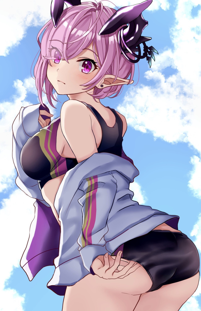 1girl, ass, bare_shoulders, bikini, black_bikini, blue_sky, blush, breasts, closed_mouth, clouds, cowboy_shot, day, earrings, eyebrows_visible_through_hair, eyes_visible_through_hair, grey_jacket, hair_over_one_eye, hamu_(plot_sy), highres, horns, jacket, jewelry, leaning_forward, long_sleeves, looking_at_viewer, medium_breasts, off_shoulder, open_clothes, open_jacket, oskulolu, outdoors, pink_eyes, pink_hair, pointy_ears, shiny, shiny_hair, shironeko_project, short_hair, sky, sleeves_past_wrists, solo, standing, stud_earrings, swimsuit, track_jacket