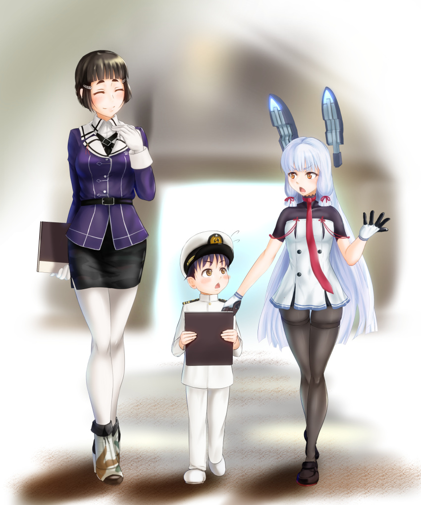 1boy, 2girls, :o, absurdres, black_hair, black_legwear, blush, brown_eyes