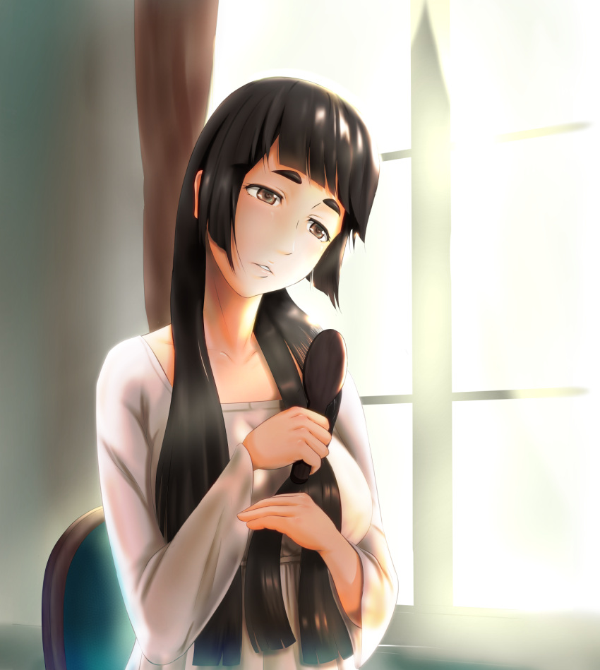 1girl, alternate_hairstyle, black_hair, breasts, brown_eyes, chair, commentary_request, curtains