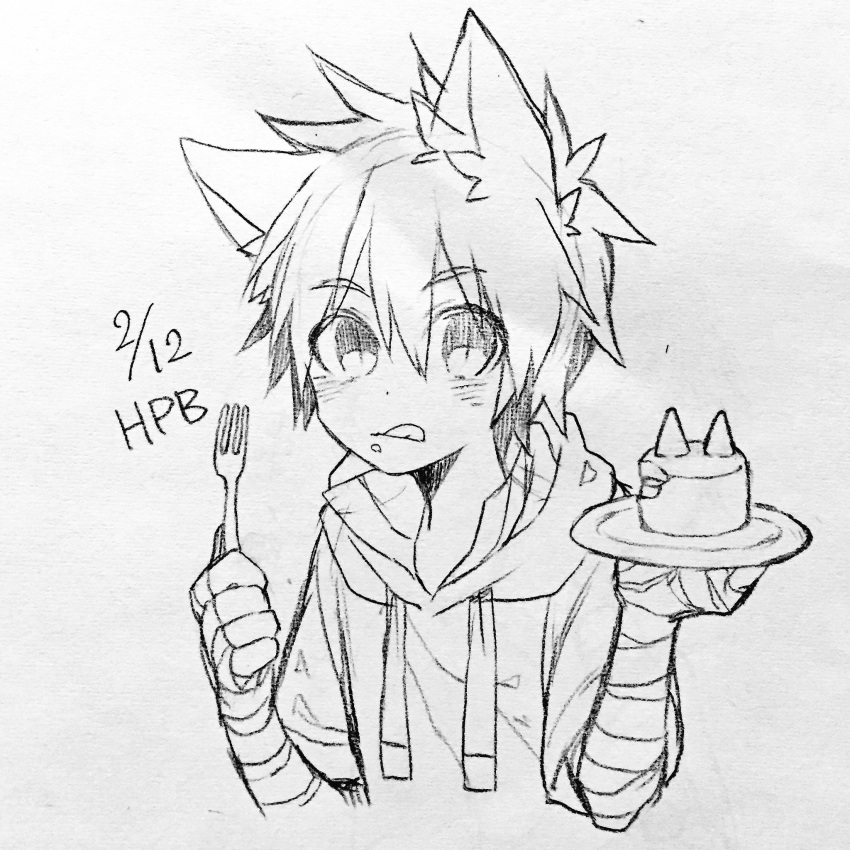 1boy, animal_ears, bandage, bandaged_arm, birthday_cake, cake, dated, drawstring