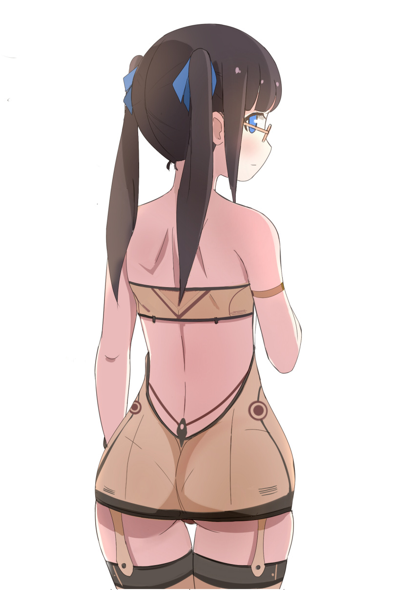 1girl, absurdres, armband, ass, bandeau, bangs, bare_shoulders, beige_legwear, beige_skirt, blue_eyes, blue_ribbon, blush, brown_hair, closed_mouth, cowboy_shot, garter_straps, glasses, hair_ribbon, highres, looking_away, looking_to_the_side, orange-framed_eyewear, original, profile, ribbon, shoulder_blades, simple_background, solo, thigh-highs, thigh_gap, toy_box-r, twintails, white_background