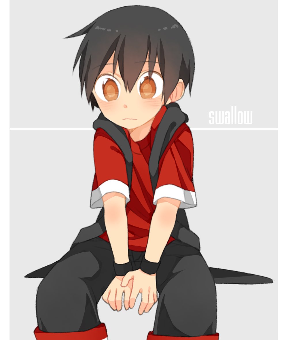 1boy, black_hair, black_shorts, black_vest, black_wristband, eyebrows_visible_through_hair, male_focus, original